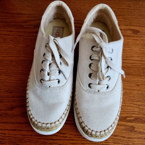 UGG EYAN II WONEN'S WHITE CANVAS LACE UP ESPADRILLE JUTE SNEAKERS SIZE 8.5 NEW - Picture 1 of 8